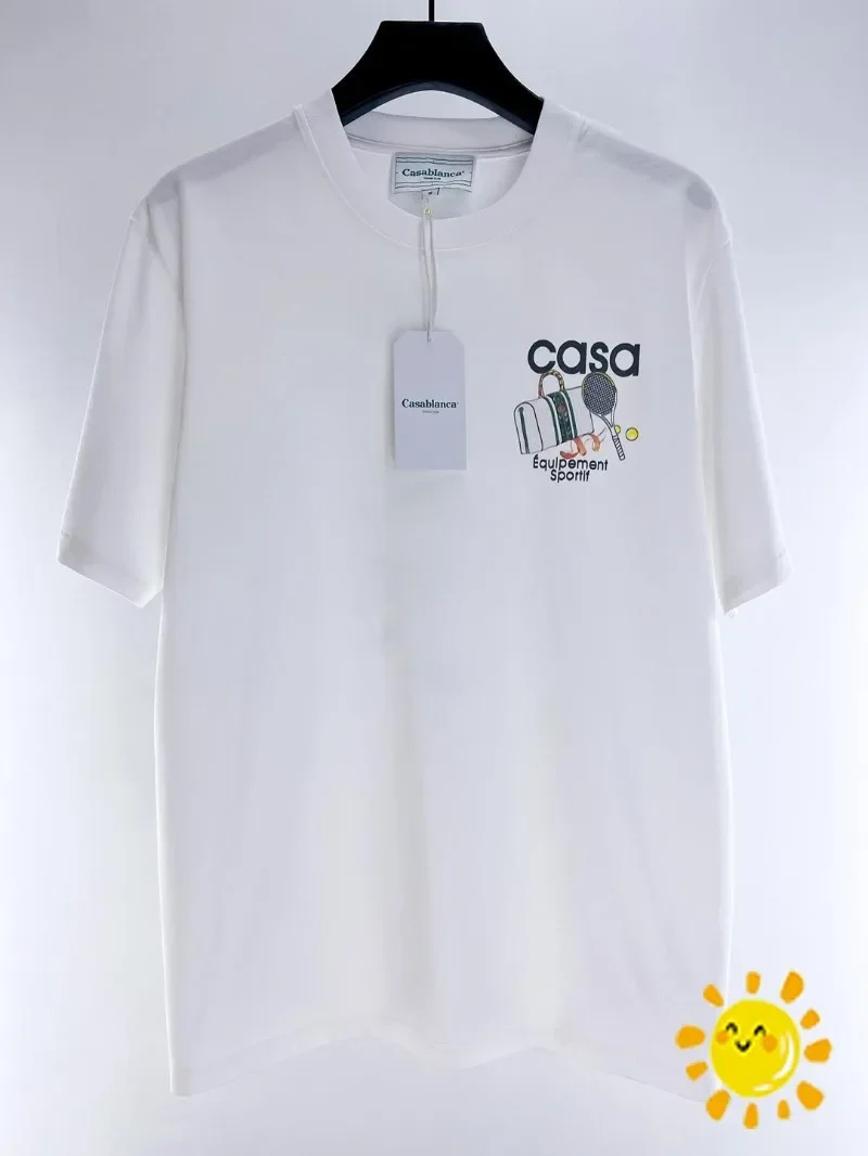 Топовая версия теннисной ракетки Crewneck CASA, футболка Casablanca, мужская, женская, черно-белая, футболка, футболки Изображение 2