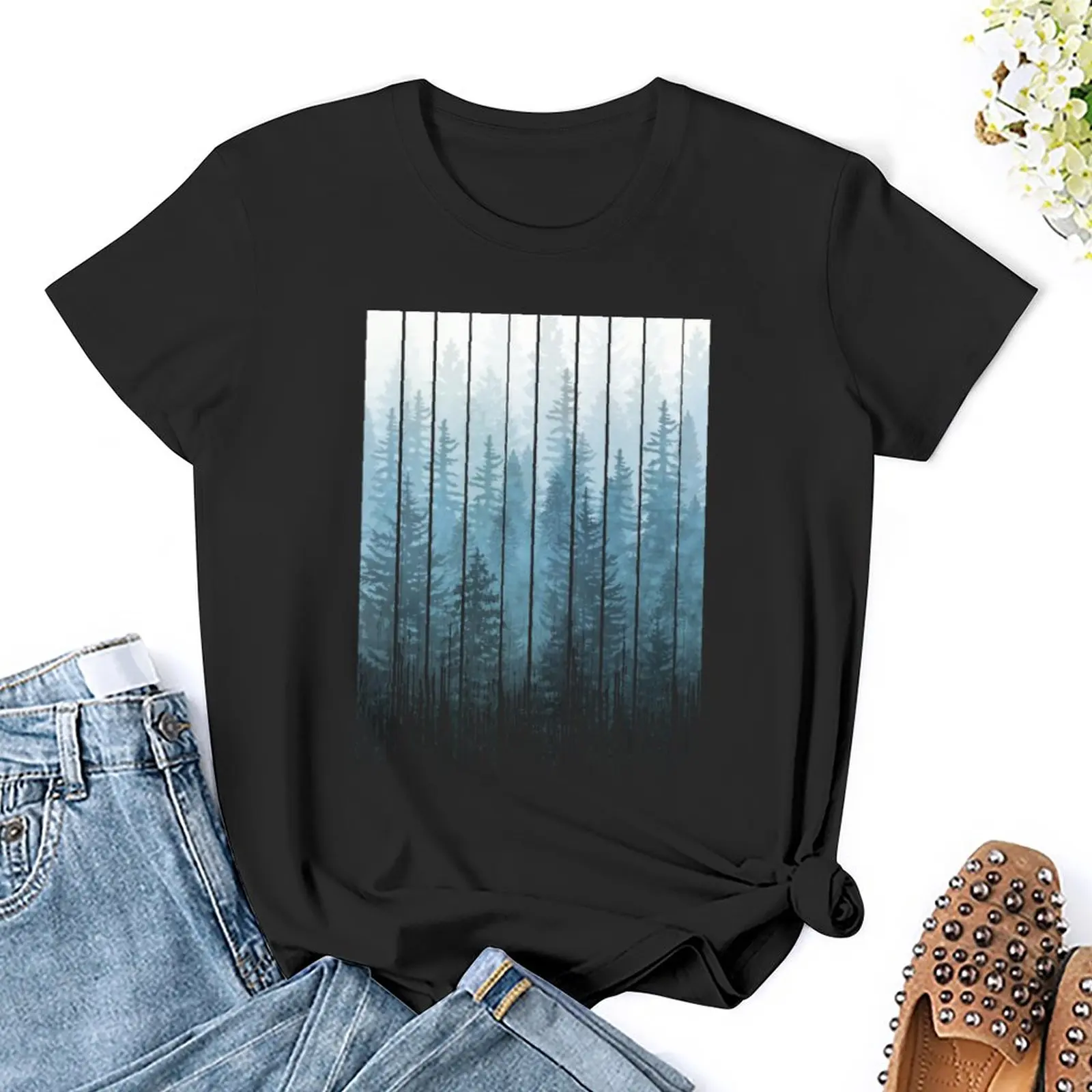 Футболка с бирюзовым туманным лесом в стиле гранж, летняя одежда, женская футболка Изображение 2