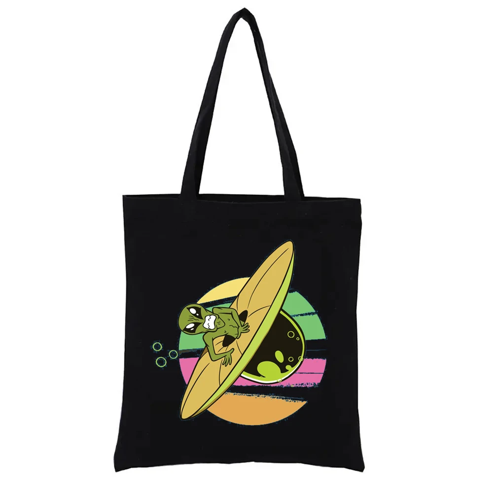 Художественная сумка-тоут с изображением любителя курения инопланетянина, сумки для покупок с внеземным принтом, женские сумки, Модная сумка для покупок, Забавная сумка для покупок Изображение 2