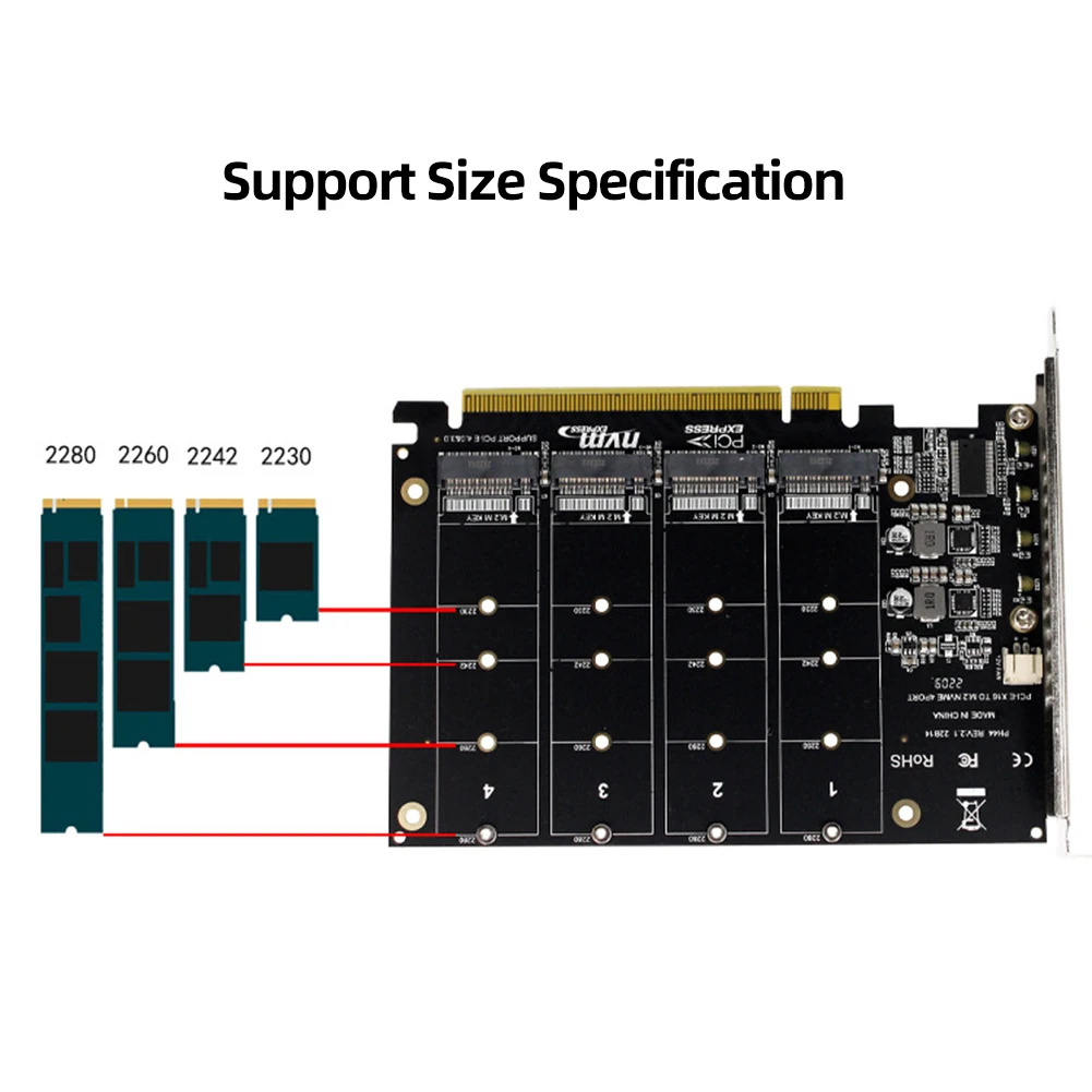 4 Порта M.2 NVME SSD для чтения карт расширения PCIE X16 Поддержка 2230/2242/2260/2280 Поддержка M.2 PCI-E SSD/M.2 Device NVME Protocol Изображение 3