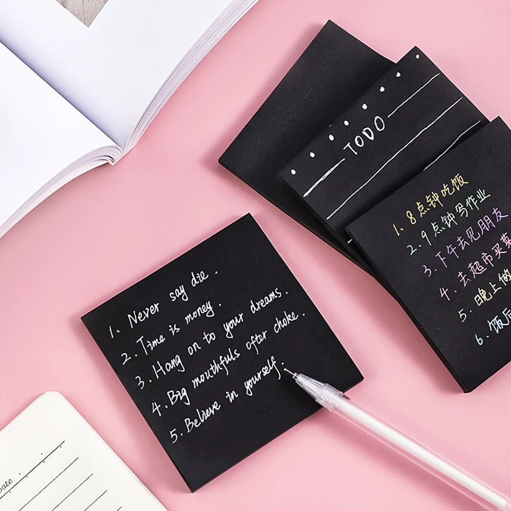 50 Листов черных суперлипких заметок, самоклеящиеся блокноты для заметок для офиса, школьные канцелярские принадлежности, креативные заметки-напоминания Изображение 3