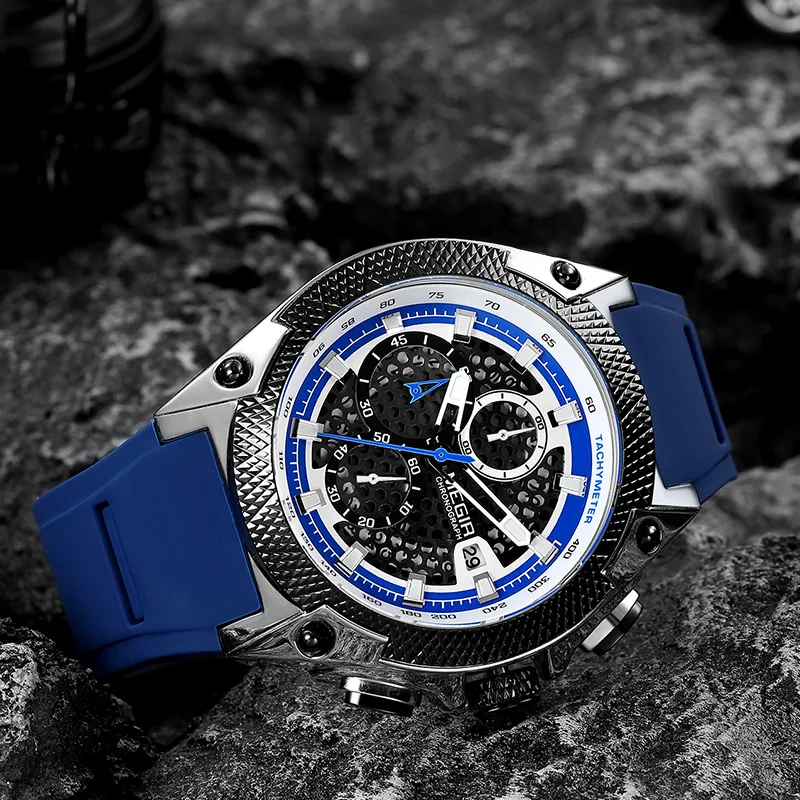 MEGIR Мужские спортивные часы Relogio Masculino С синим силиконовым ремешком Мужские часы Лучший бренд класса Люкс, светящиеся водонепроницаемые кварцевые часы Man Изображение 3