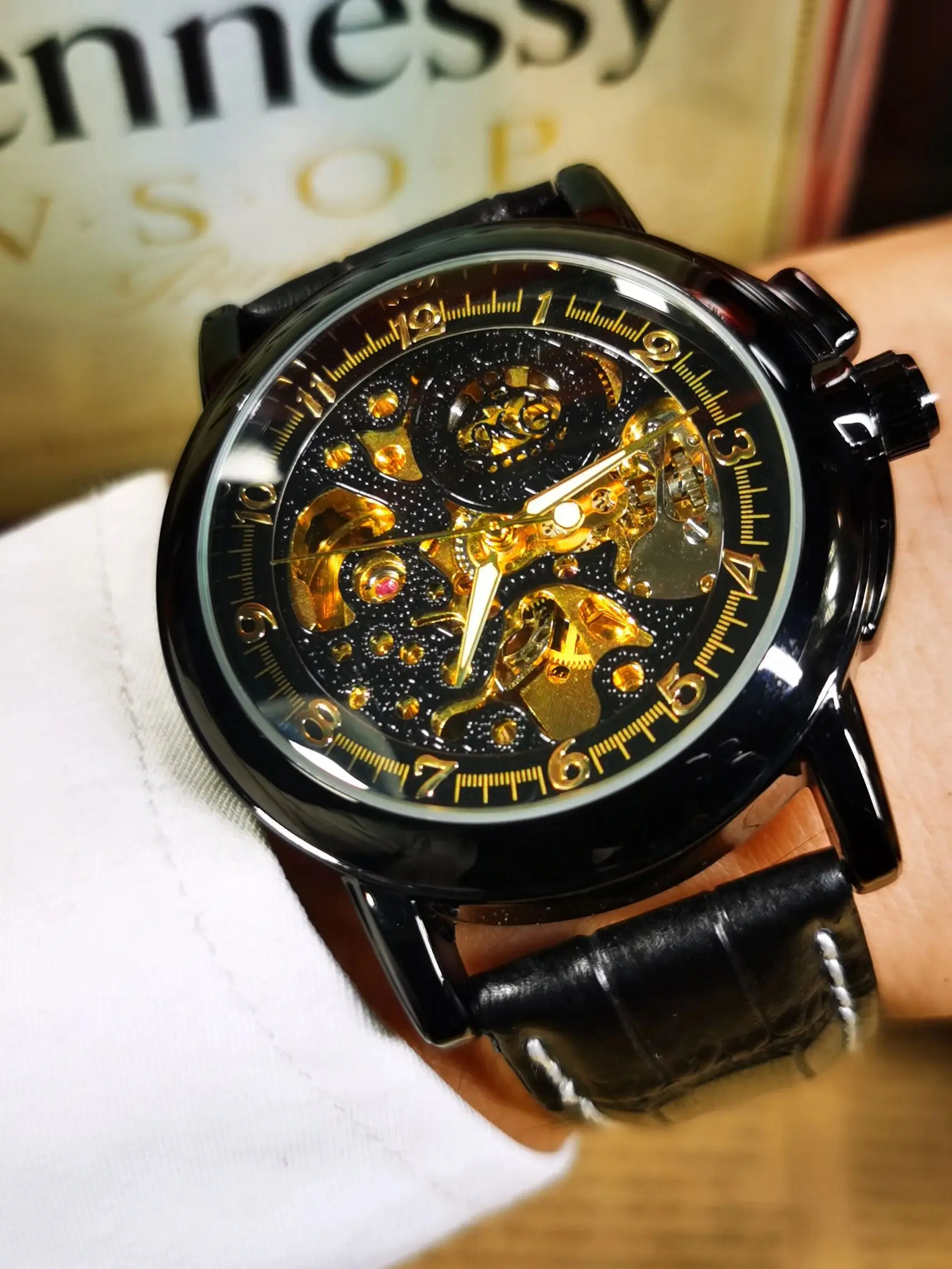 ORKINA, мужские часы со скелетом из черного золота, лучший бренд, Роскошный кожаный ремень, Классические механические часы со светящейся стрелкой, деловые наручные часы Изображение 3