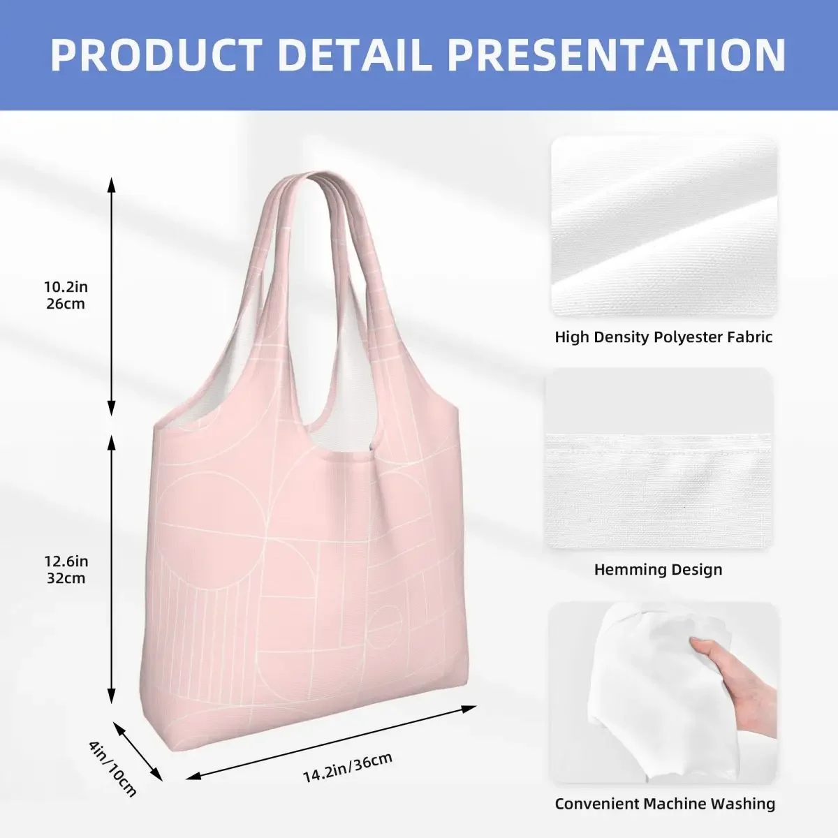 Геометрическая линия цветного блока Bauhaus, современная сумка для покупок в продуктовых магазинах, женская холщовая сумка для покупок через плечо, сумка большой емкости Изображение 3