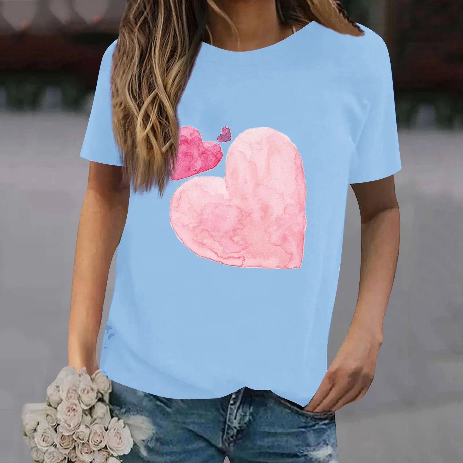 Женская новая летняя футболка с круглым вырезом и короткими рукавами с простым принтом любви на День Святого Валентина, повседневный топ Изображение 3