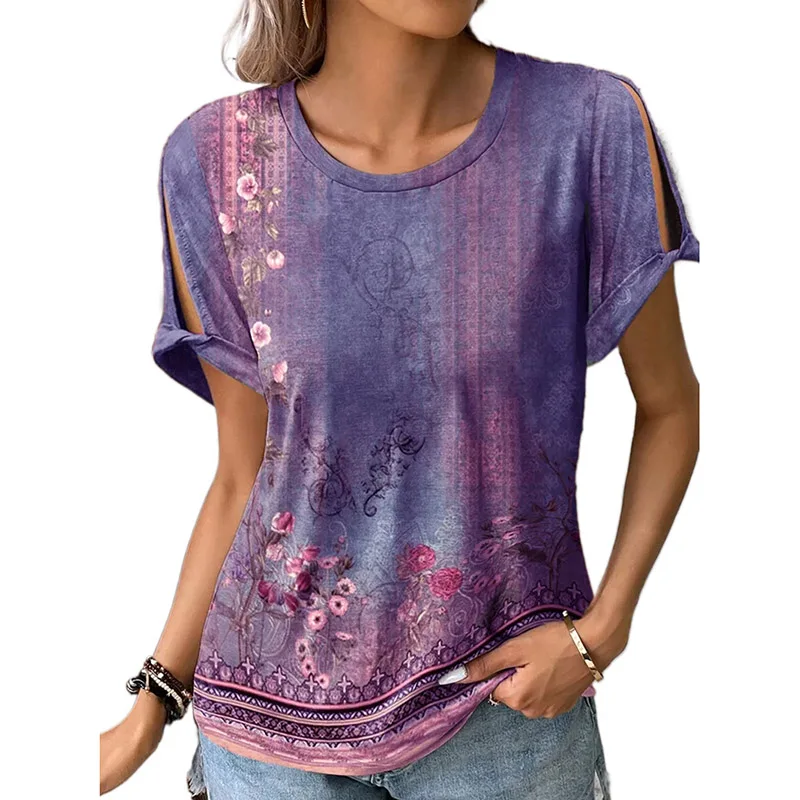 Женский топ, пуловер, женская блузка, модная элегантная повседневная блузка, летняя повседневная рубашка в стиле бохо, свободная Нижняя рубашка с круглым вырезом, повседневная футболка Изображение 3
