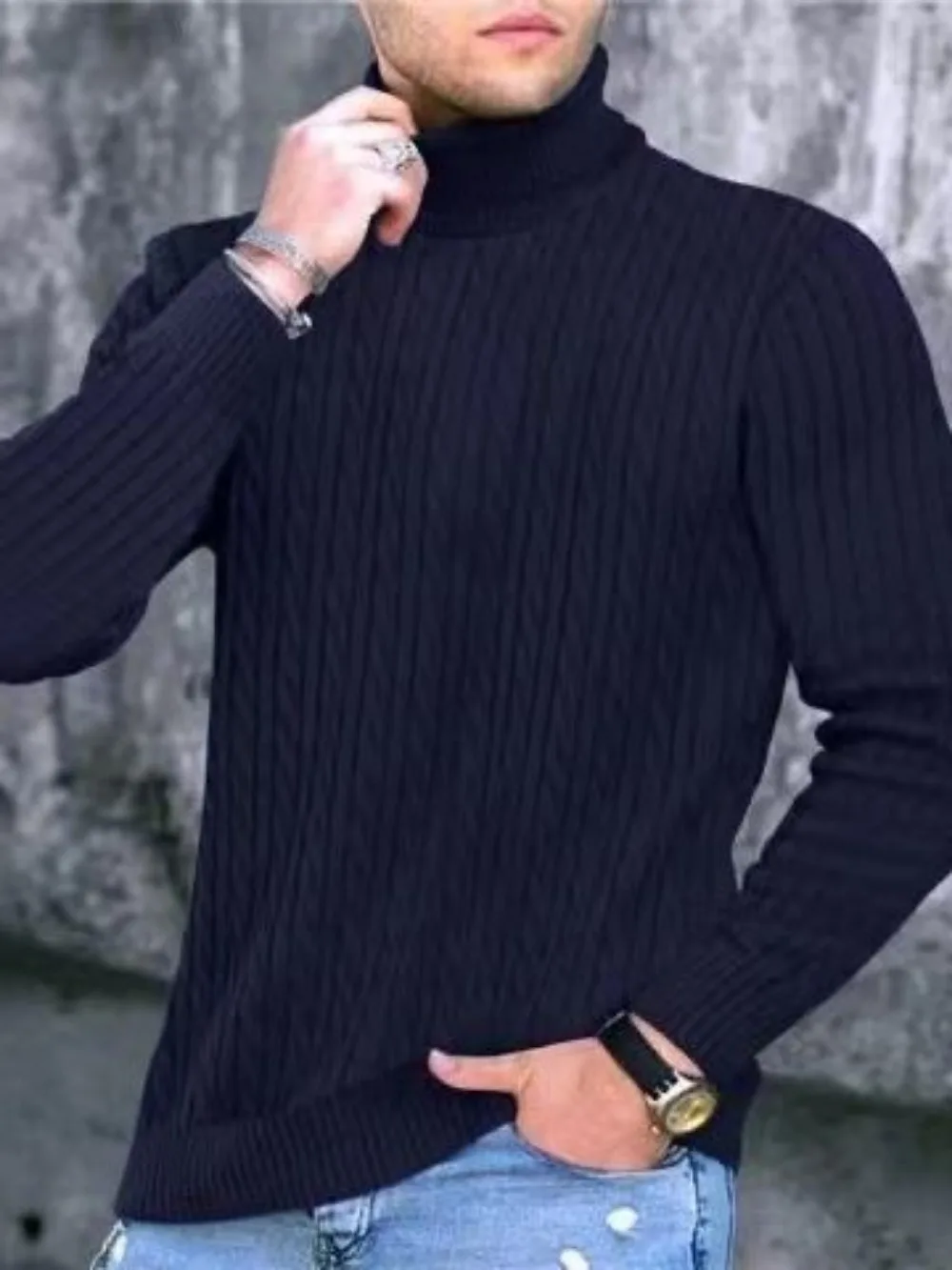 Зимний Повседневный Свитер-пуловер с высоким воротом Для мужчин, Модный Теплый Вязаный Шерстяной свитер-пуловер с высоким воротом и длинными рукавами для мужчин на открытом воздухе Изображение 3