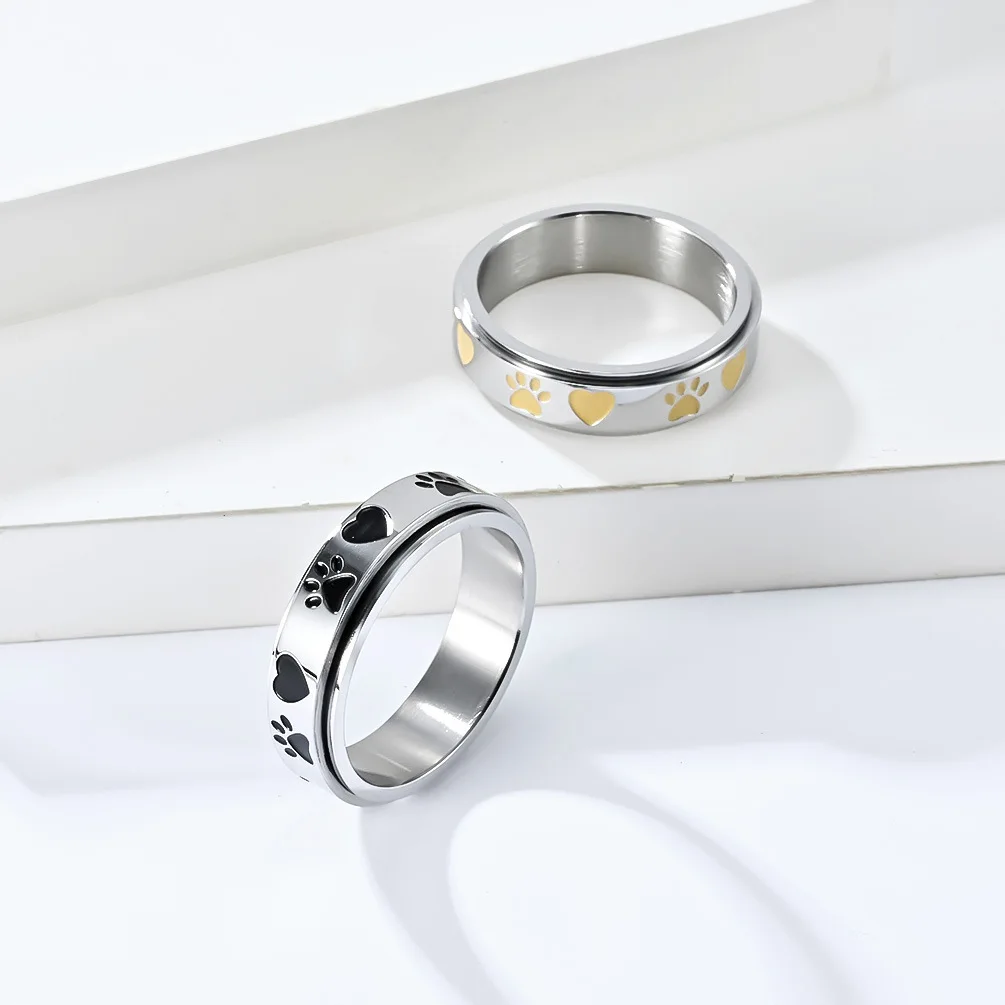 Кольцо с отпечатком ладони милого щенка из нержавеющей стали, вращающееся титановое кольцо, нишевая индивидуальность, мужчины и женщины носят украшения для рук. Изображение 3