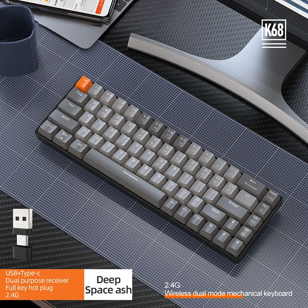 Механическая игровая клавиатура с поддержкой Bluetooth 5.0, беспроводная механическая клавиатура с поддержкой 2.4 G и 68 клавиш, портативная для настольного ноутбука. Изображение 3