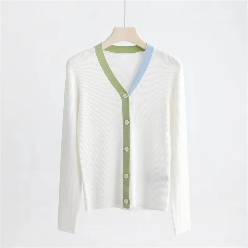 Нишевый дизайн, вязаный кардиган контрастного цвета с V-образным вырезом, женская рубашка с кондиционером Изображение 3