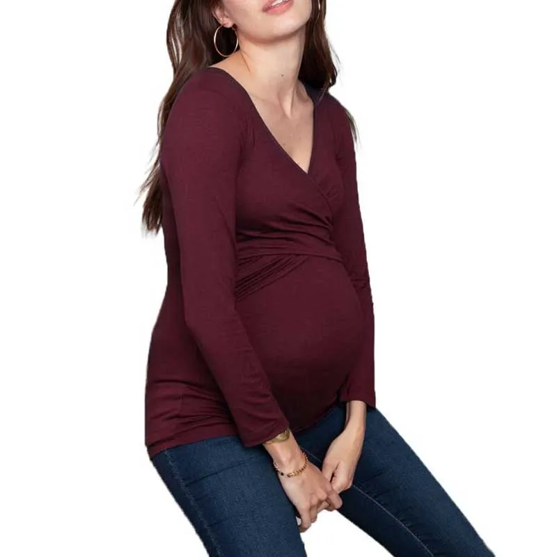 Одежда для беременных, V-образный вырез, крест, длинный рукав, одежда для кормления грудью, футболка для беременных, удобная и приятная для кожи Изображение 3