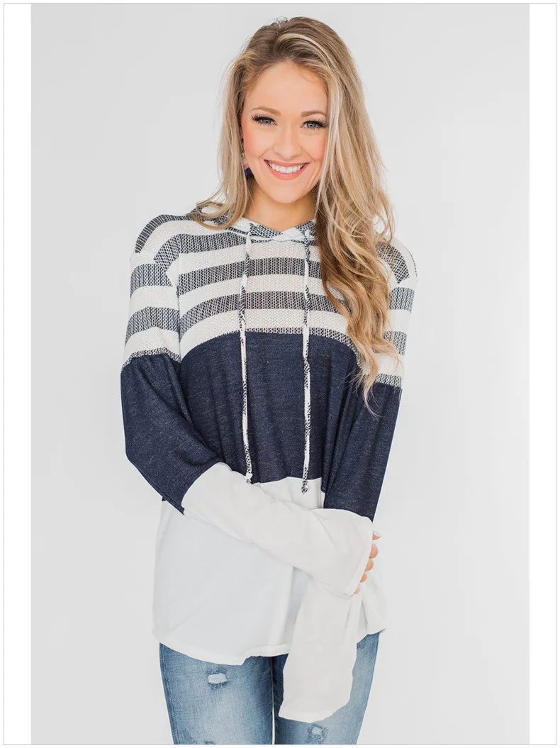 Осень/Зима 2023, внешняя торговля, свободный пуловер с капюшоном, свитер контрастной строчки с длинным рукавом для женщин Изображение 3