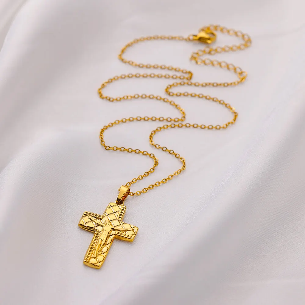 Подвеска с крестом Иисуса, Золотое ожерелье с тиснением для женщин, колье из нержавеющей стали, повседневный трендовый ювелирный подарок Изображение 3