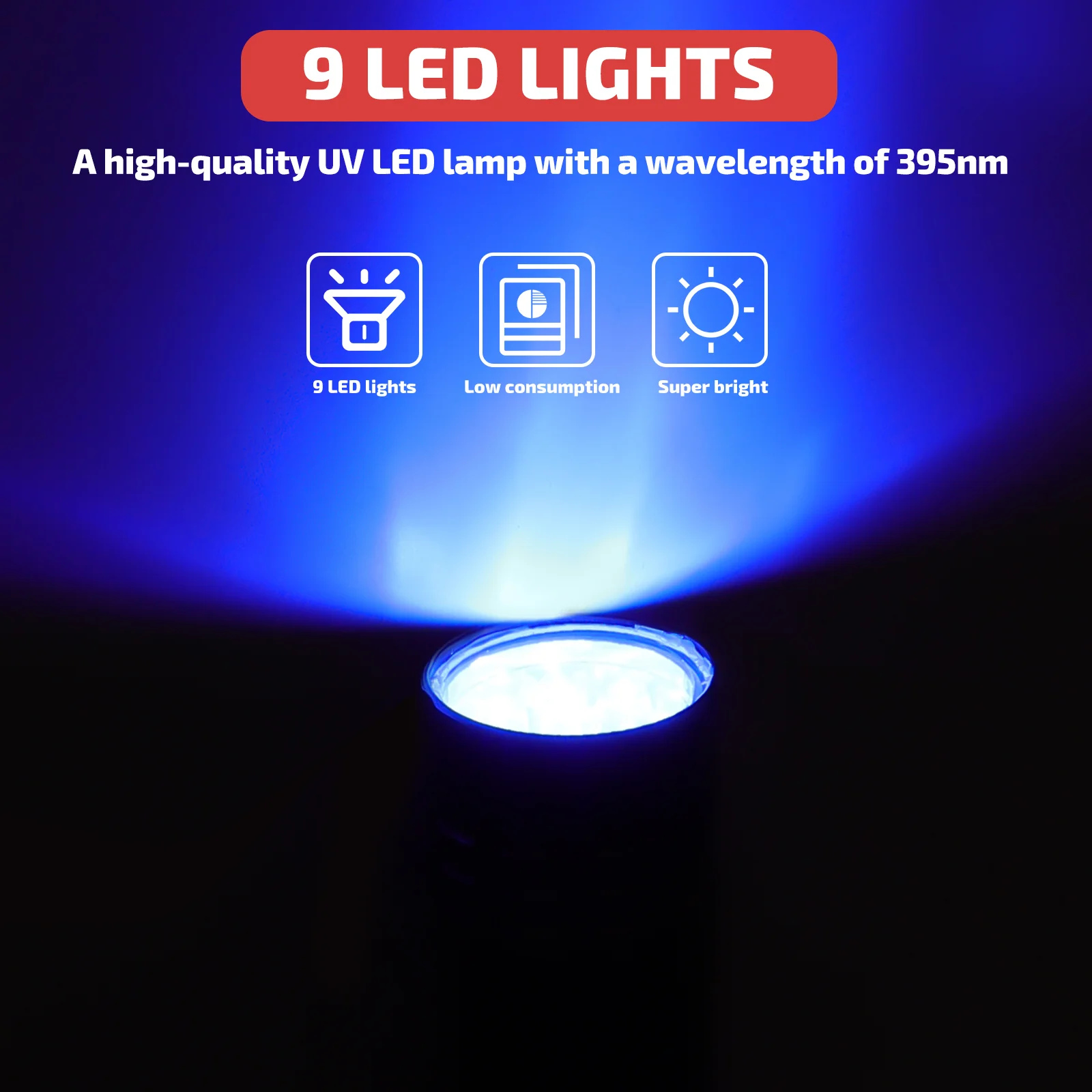 Портативный УФ-фонарик LEDMOMO, 395nm, 9 светодиодных мини-ламп для удаления пятен от мочи домашних животных, ногтей (черный) Изображение 3