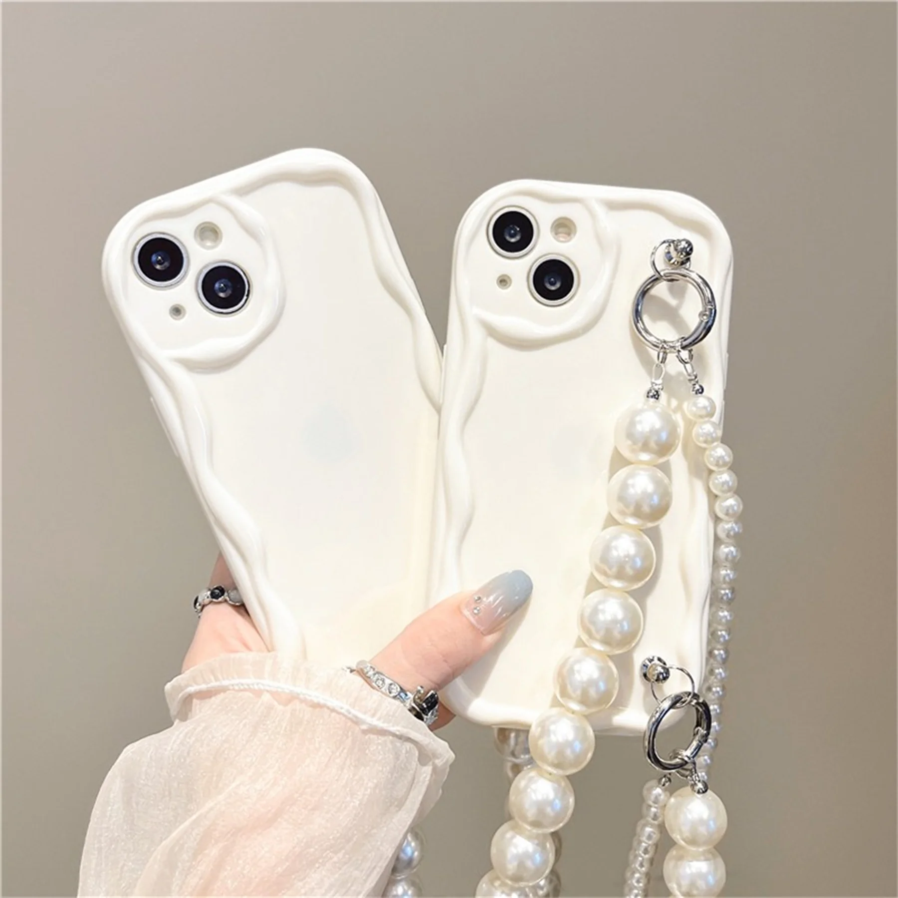Роскошные корейские браслеты с жемчугом, цепочка с ремешком, волнистый чехол для iPhone 11 12 13 14 Pro Max XR X XS 15, задняя крышка с веревкой Изображение 3