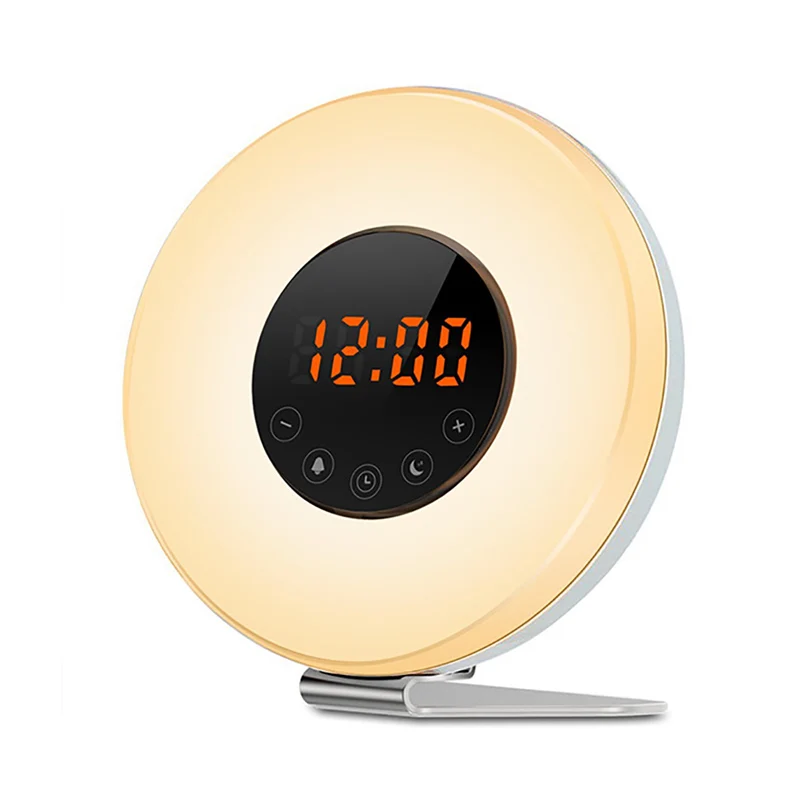Световой будильник для пробуждения, имитация восхода/захода солнца, цифровые часы с FM-радио, 7 цветов, функция звукового сопровождения, Сенсорное управление Изображение 3