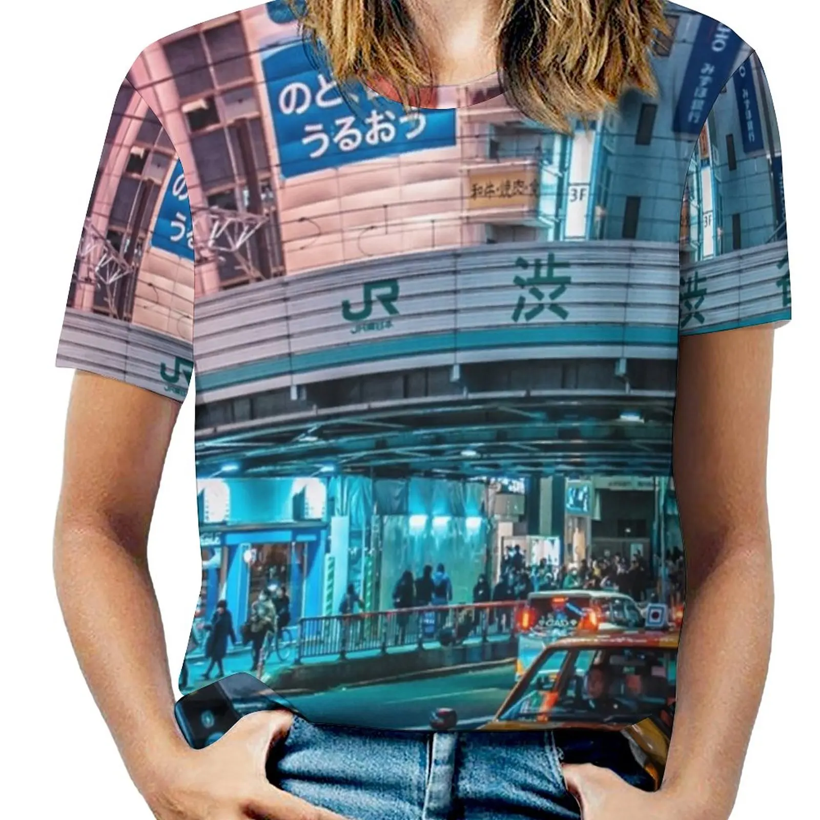 Футболка Shibuya Taxi с рюшами и коротким рукавом, Женские футболки, Модные повседневные рубашки, Япония, Аллея Синдзюку, Будущее, Неоновые огни Изображение 3