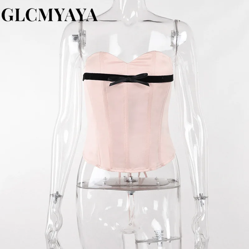 GLCMYAYA, женские футболки без бретелек с бантом, контрастные футболки с поясом, летние модные однотонные Сексуальные топы без рукавов Изображение 4