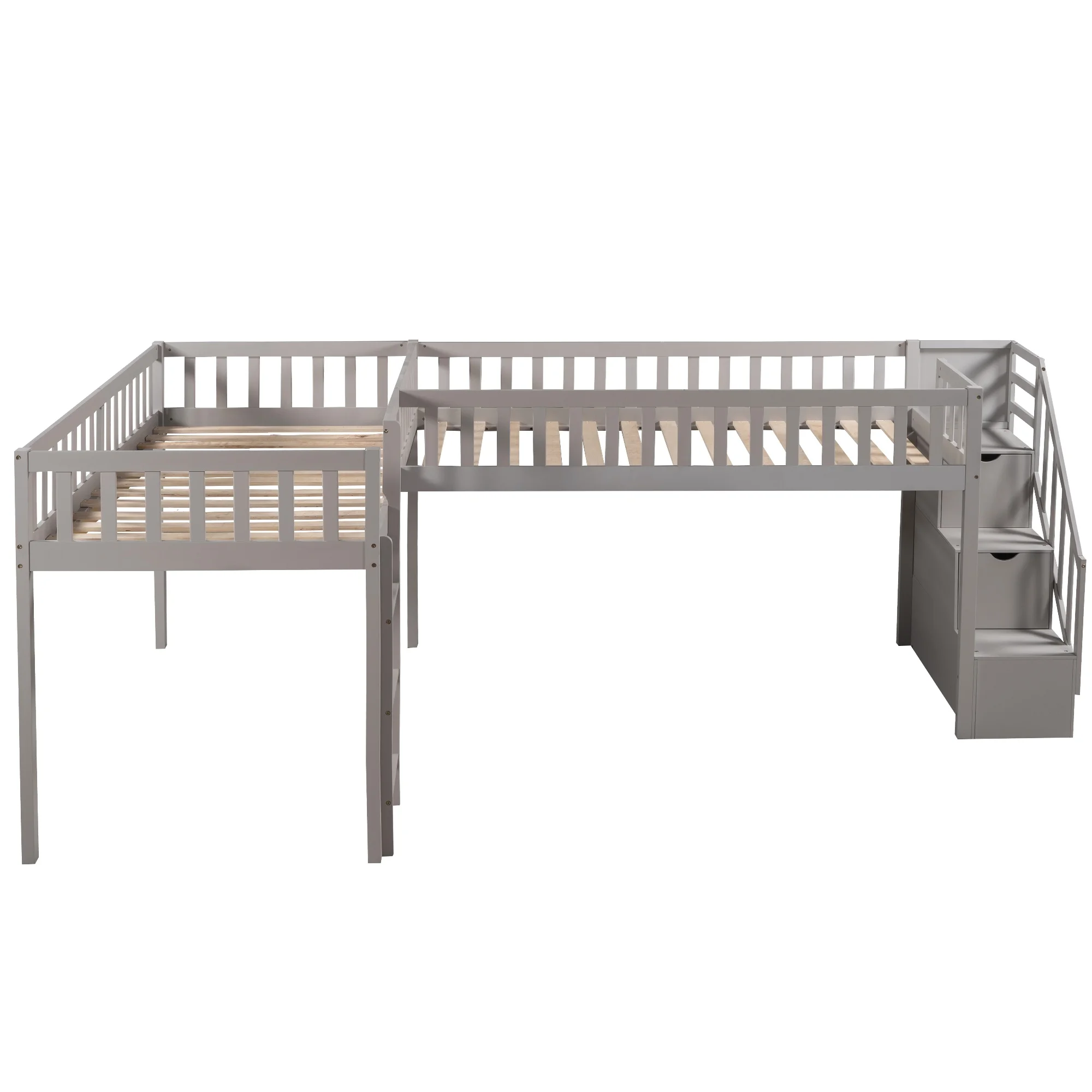L-образная двуспальная кровать-чердак с лестницей и стремянкой, серый Изображение 4