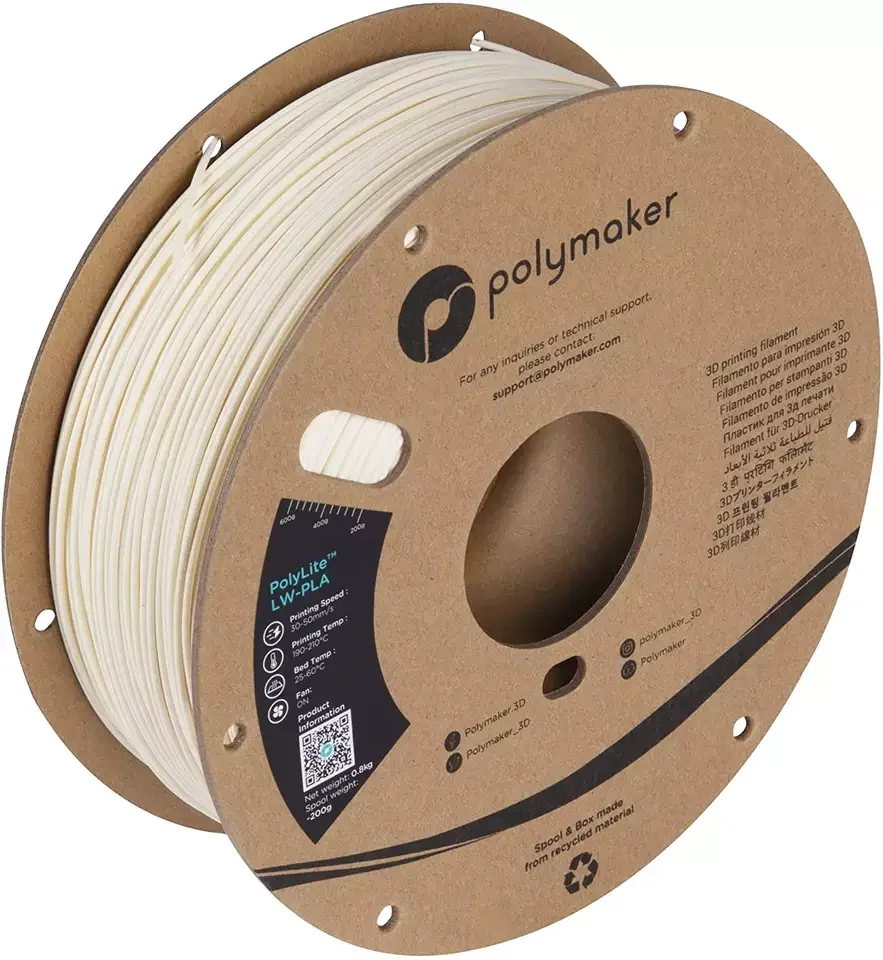 Polymaker PLA PolyLite LW-PLA 3D Нить накаливания Картонная катушка PLA Нить накаливания низкой плотности 1,75 мм 3D нить накаливания 0,8 кг / рулон Изображение 4