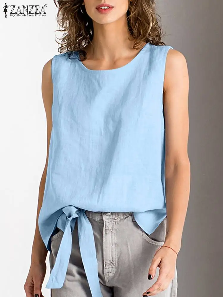 ZANZEA Элегантная однотонная блузка для женщин, Летняя Свободная рабочая рубашка, женские топы на бретелях без рукавов с круглым вырезом, повседневные блузки на шнуровке, туника Изображение 4