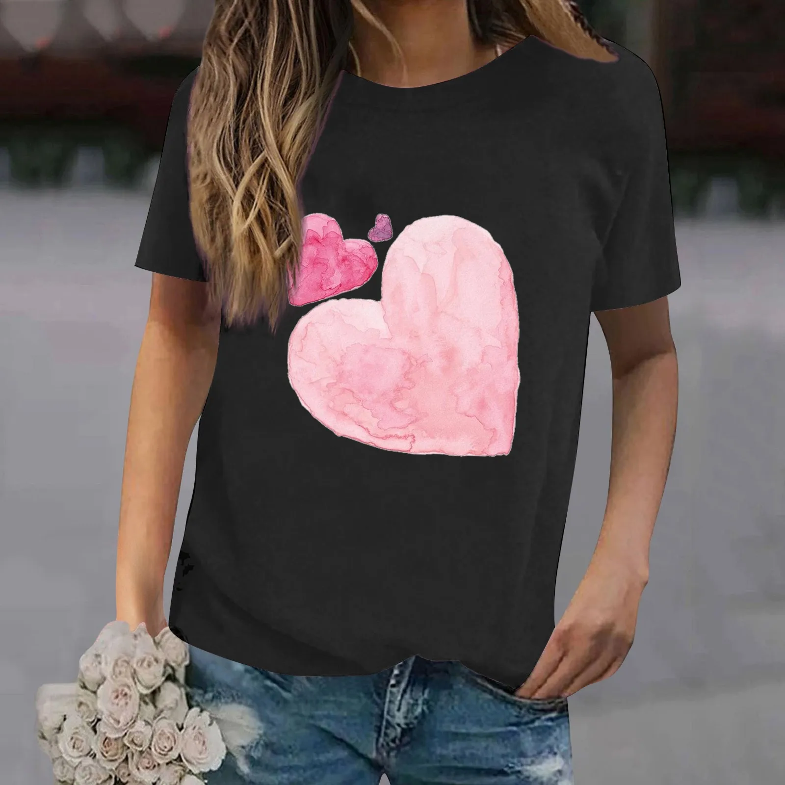 Женская новая летняя футболка с круглым вырезом и короткими рукавами с простым принтом любви на День Святого Валентина, повседневный топ Изображение 4