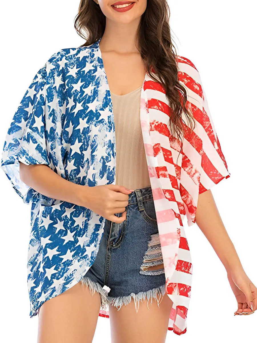 Женская патриотическая рубашка-кардиган Четвертого июля - Повседневная свободная блузка с открытой передней частью - Стильные топы для Изображение 4