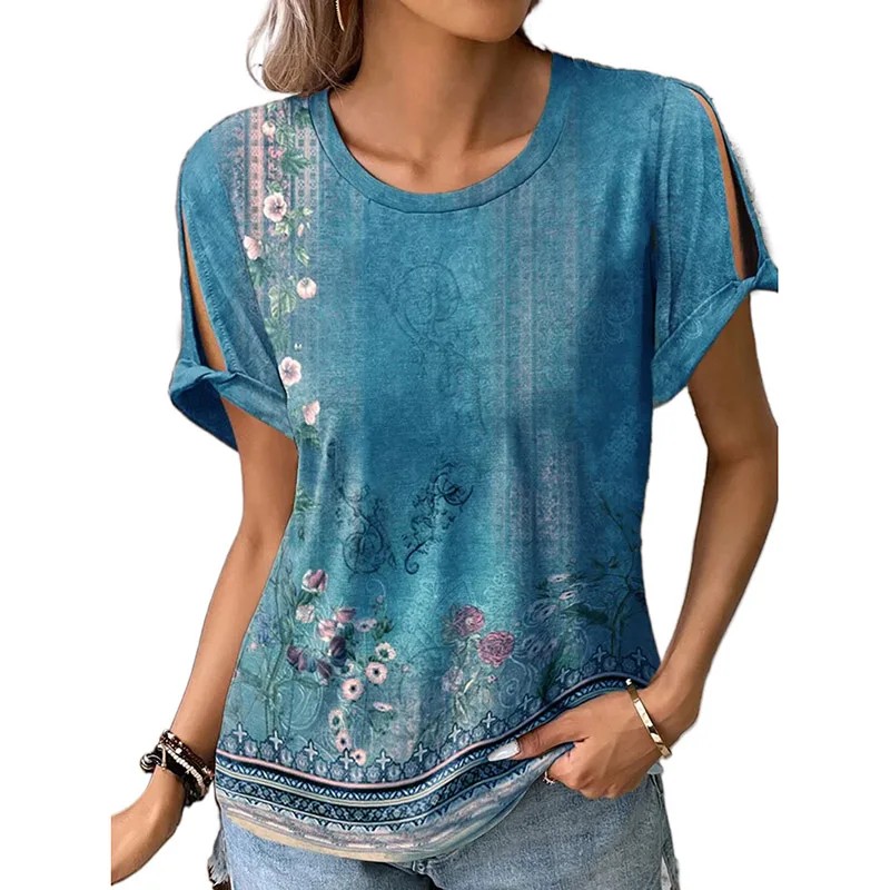 Женский топ, пуловер, женская блузка, модная элегантная повседневная блузка, летняя повседневная рубашка в стиле бохо, свободная Нижняя рубашка с круглым вырезом, повседневная футболка Изображение 4