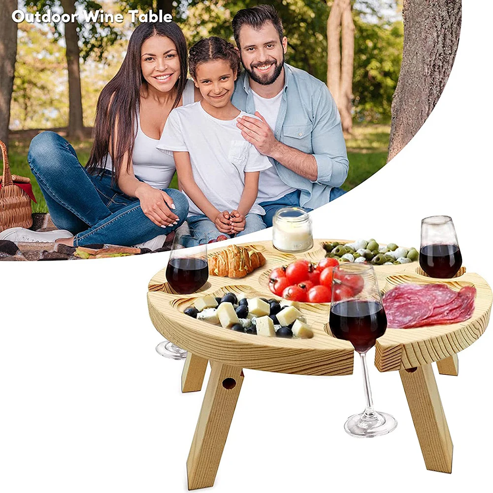 Легкий стол для пикника 2 В 1, Разделитель закусок для пляжа, кемпинга, барбекю с держателем для бокалов для вина, мебель для дома и сада, Деревянная складная Изображение 4