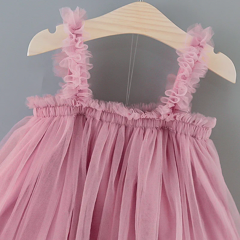 Летнее платье принцессы для девочек, детская одежда, новый стиль, детские однотонные сетчатые слинги, детское платье, одежда, подарки на день рождения Изображение 4