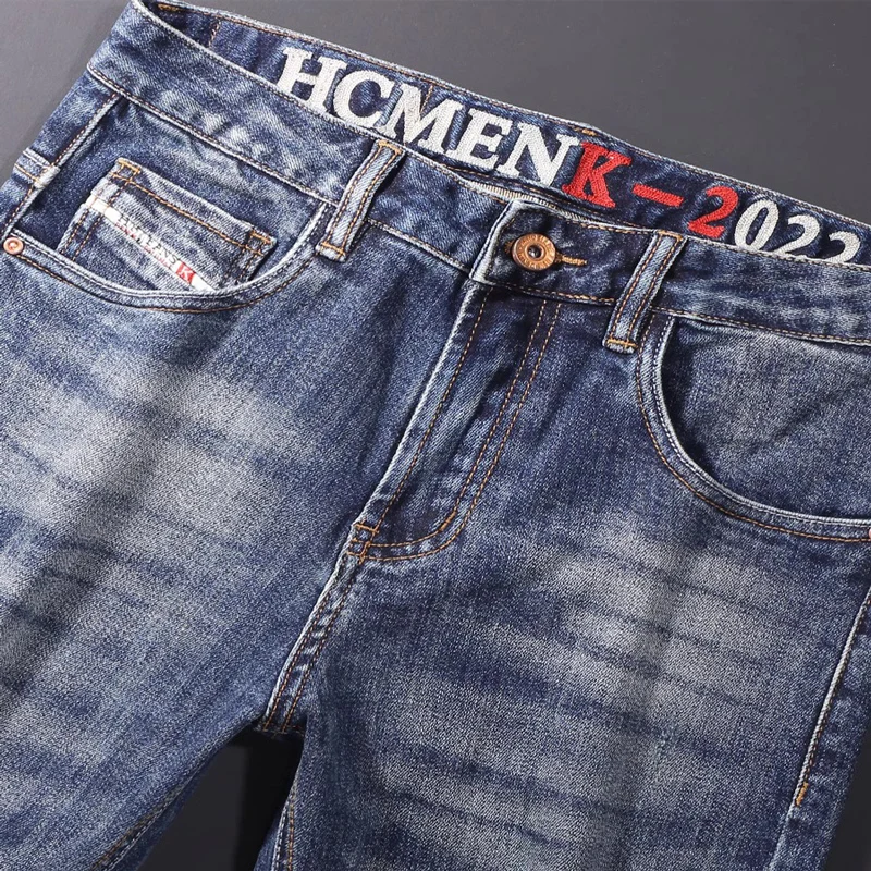 Модные дизайнерские мужские джинсы, высококачественные синие эластичные облегающие винтажные джинсы с вышивкой, мужские повседневные джинсовые брюки Homme Изображение 4