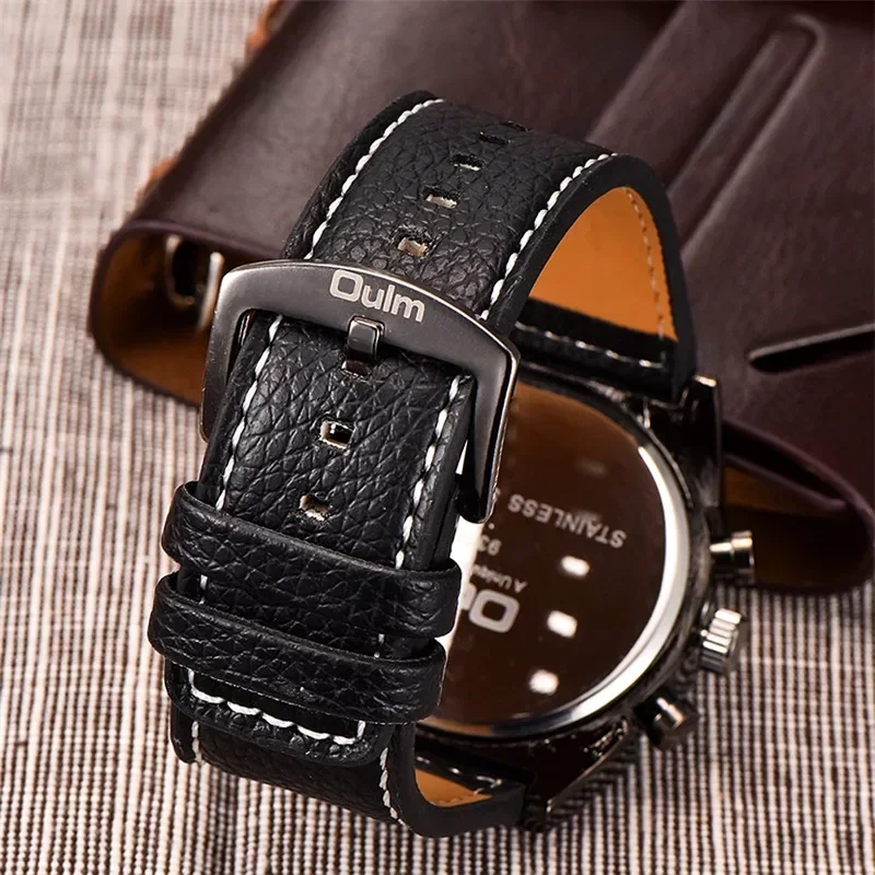 Мужские часы 2024 Oulm люксового бренда, кварцевые, Повседневный Кожаный ремешок, водонепроницаемые мужские наручные часы в стиле милитари, спортивные часы Reloj De Hombre Изображение 4