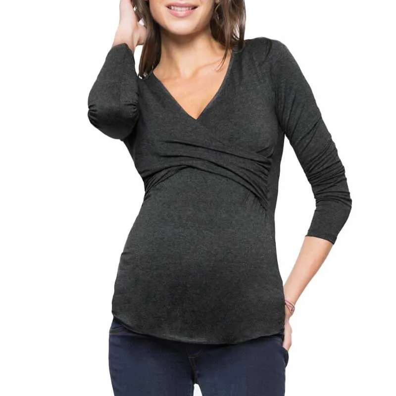 Одежда для беременных, V-образный вырез, крест, длинный рукав, одежда для кормления грудью, футболка для беременных, удобная и приятная для кожи Изображение 4