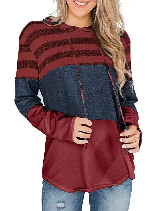 Осень/Зима 2023, внешняя торговля, свободный пуловер с капюшоном, свитер контрастной строчки с длинным рукавом для женщин Изображение 4
