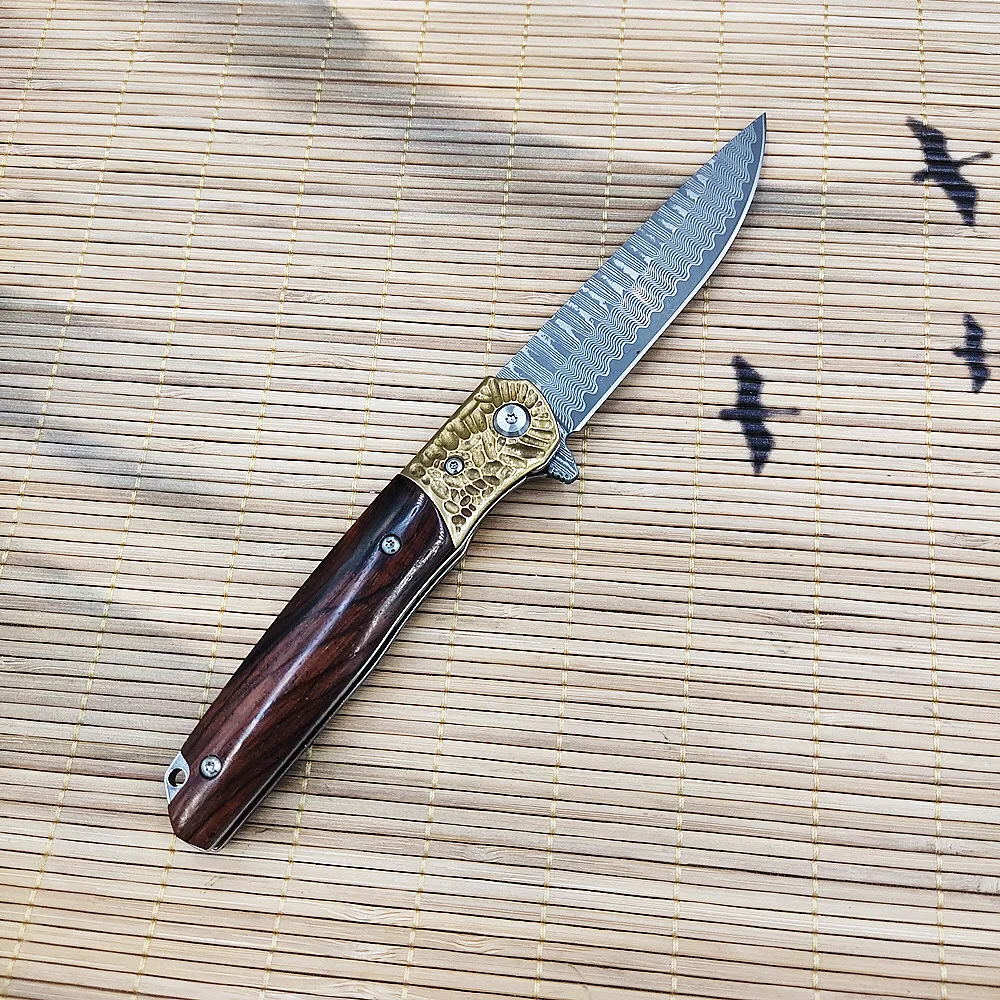 Складной нож из дамасской стали, карманные ножи для охоты на открытом воздухе, кемпинга, путешествий, инструмент для самообороны EDC Изображение 4