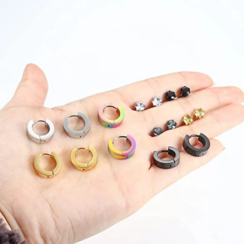 1-8 Пар сережек-гвоздиков из нержавеющей стали с фианитами для женщин, маленькие серьги-кольца для мужчин, набор сережек-обнимашек, 2 стиля, 4 цвета Изображение 5