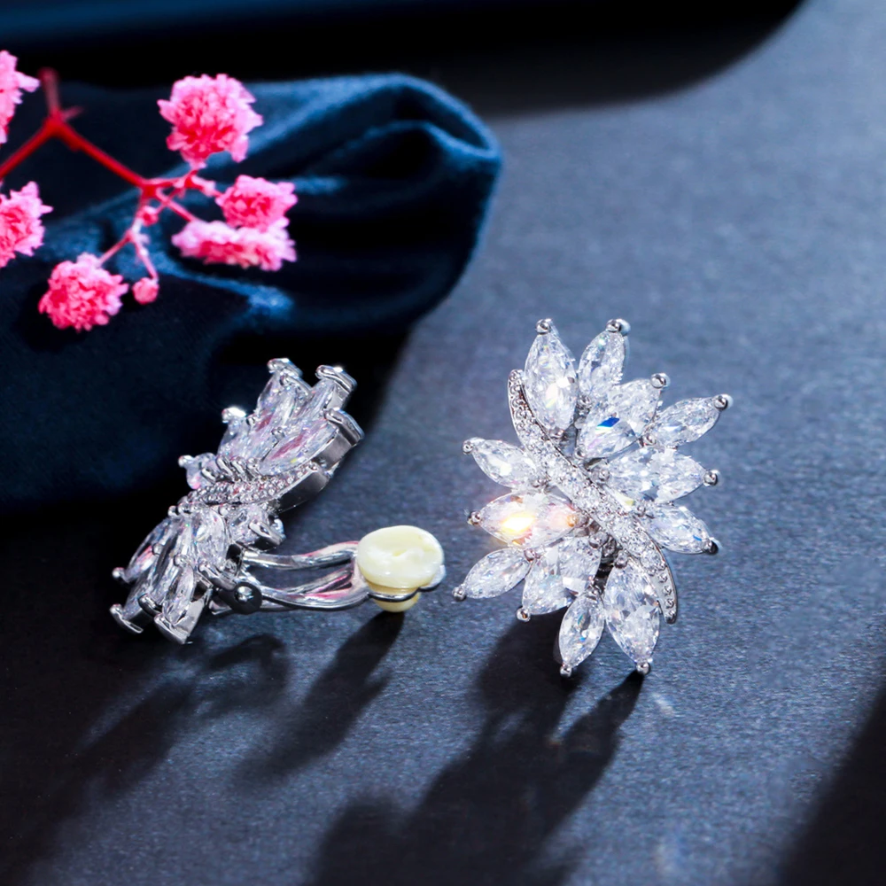 BeaQueen Блестящие ювелирные изделия с покрытием из кубического циркония в форме листьев, клипсы на серьгах без пирсинга для женского платья, подарок для вечеринки E505 Изображение 5