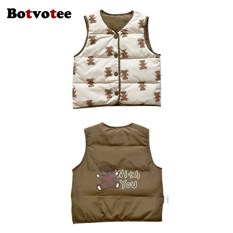 Botvotee/ Детские Теплые Реверсивные Жилеты для девочек от 6 до 24 месяцев, Корейская Версия Жилетов, Хлопковые Зимние Детские Пальто без рукавов 2023 года Изображение 5