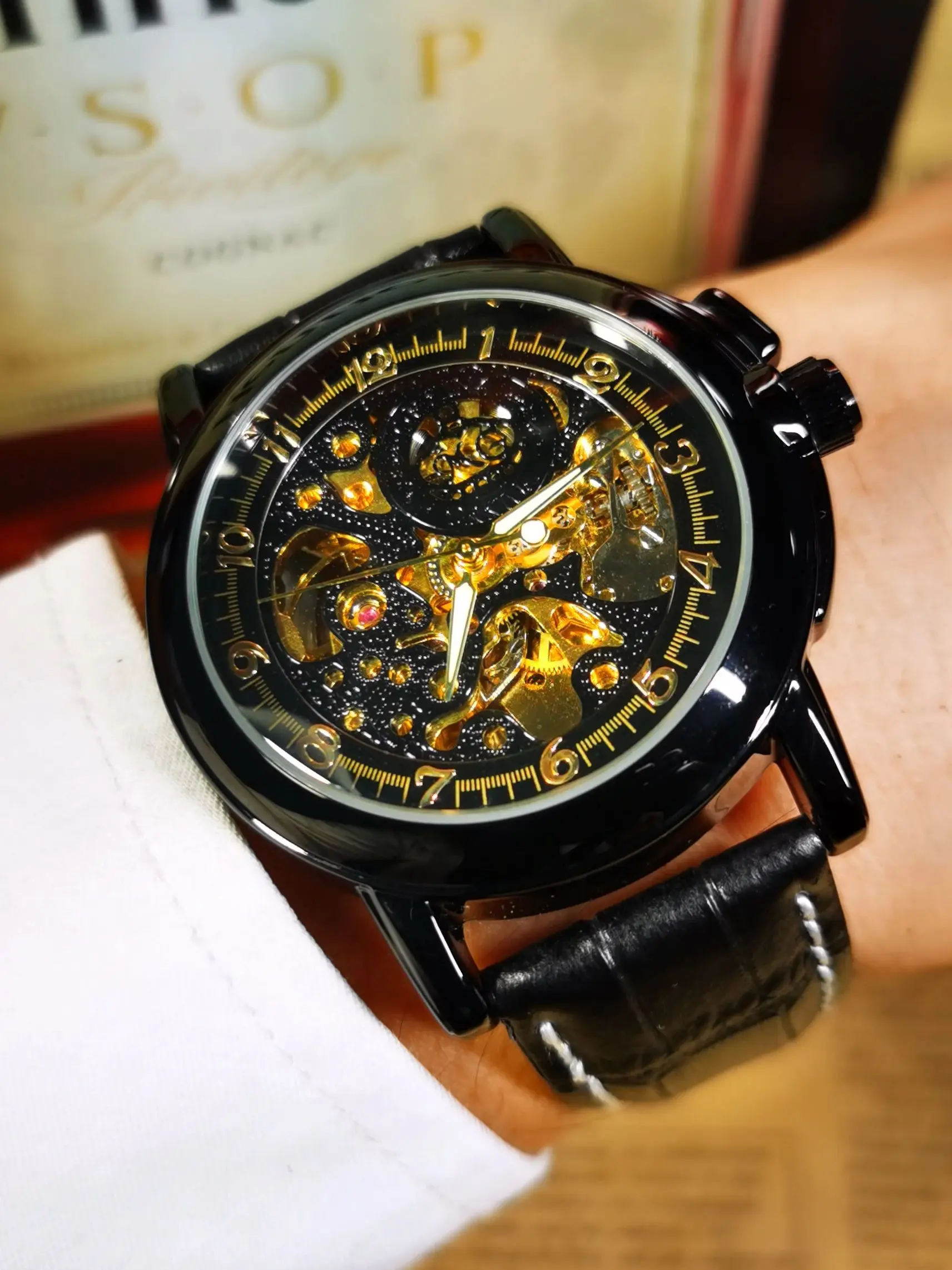 ORKINA, мужские часы со скелетом из черного золота, лучший бренд, Роскошный кожаный ремень, Классические механические часы со светящейся стрелкой, деловые наручные часы Изображение 5