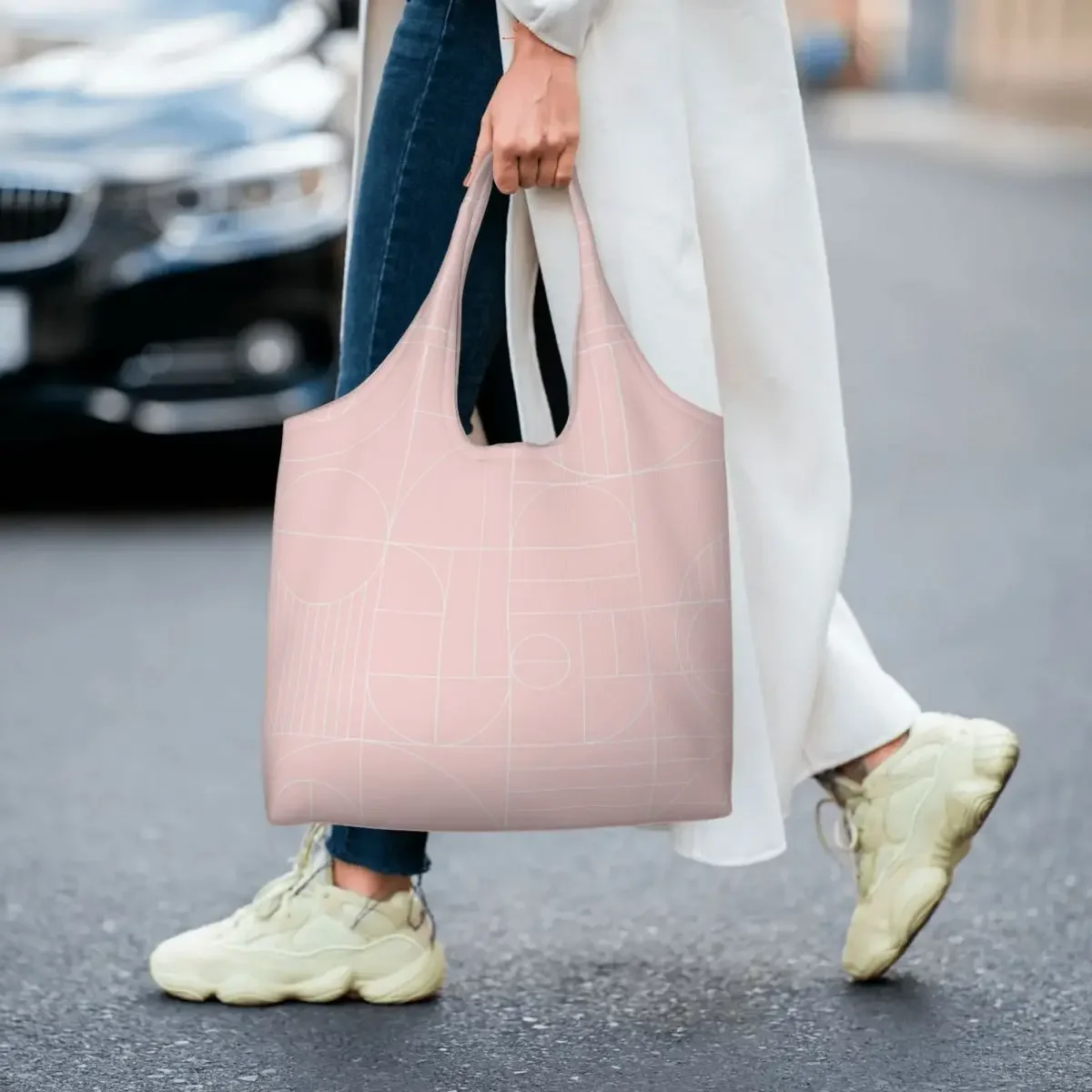 Геометрическая линия цветного блока Bauhaus, современная сумка для покупок в продуктовых магазинах, женская холщовая сумка для покупок через плечо, сумка большой емкости Изображение 5