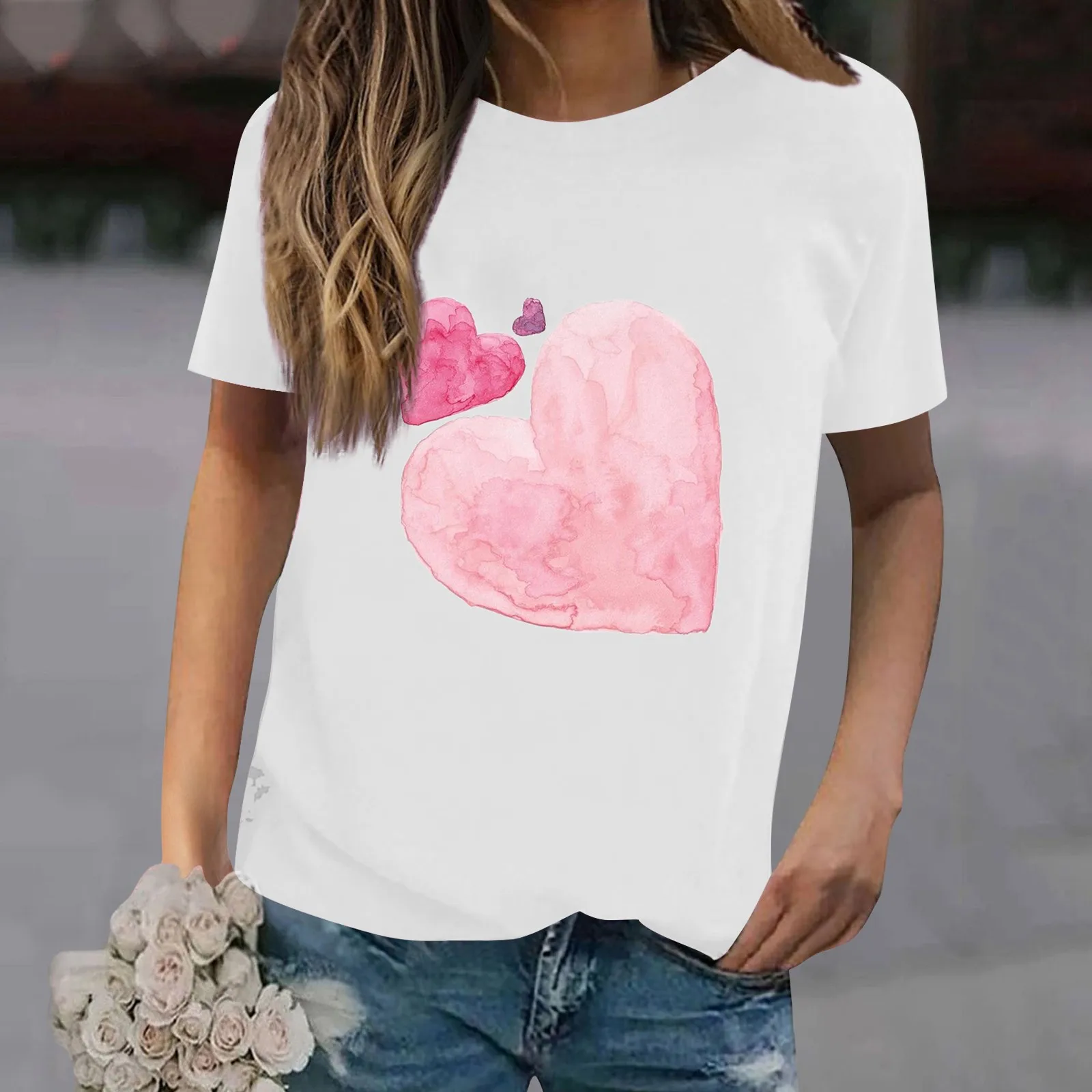 Женская новая летняя футболка с круглым вырезом и короткими рукавами с простым принтом любви на День Святого Валентина, повседневный топ Изображение 5
