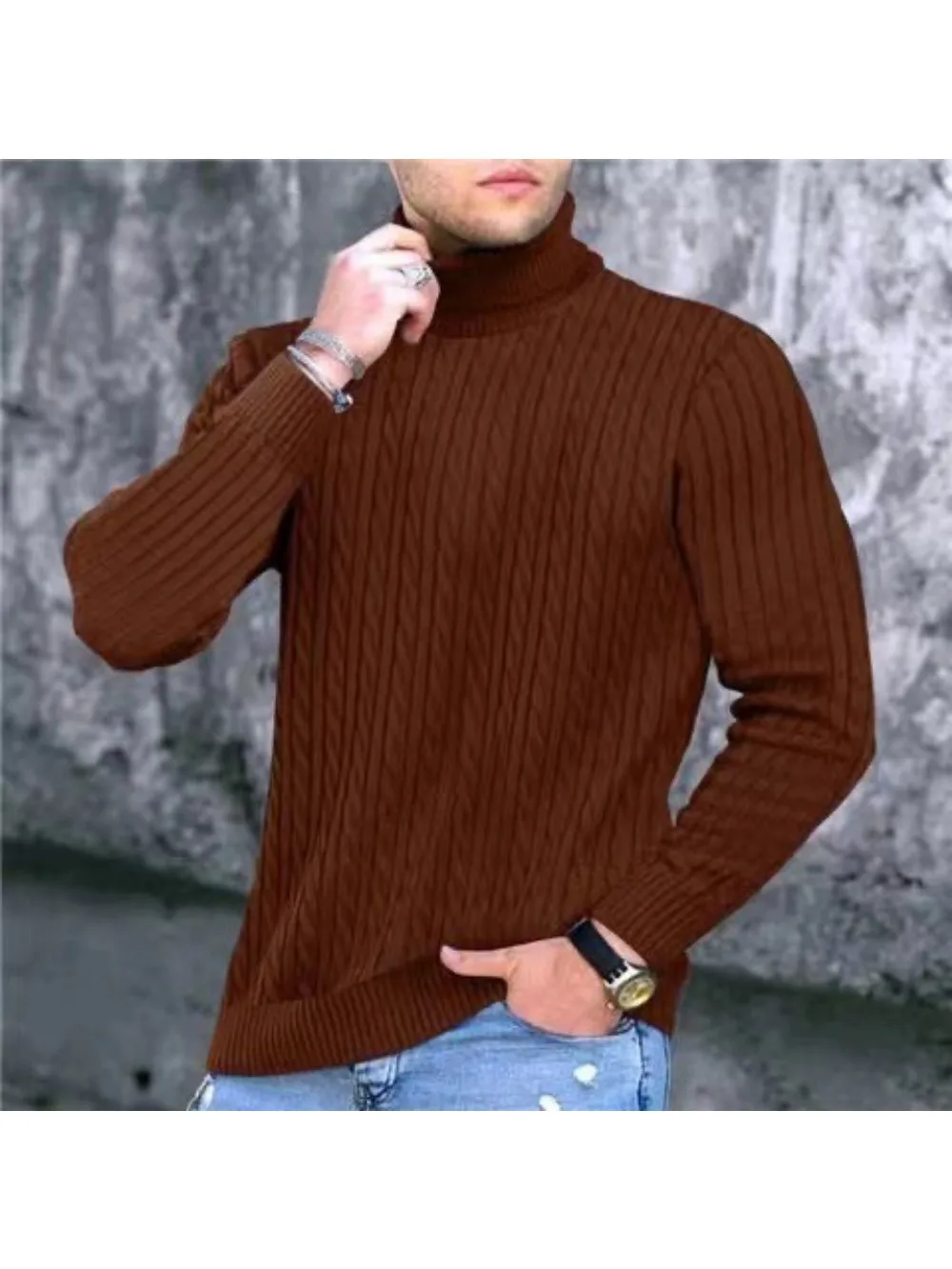 Зимний Повседневный Свитер-пуловер с высоким воротом Для мужчин, Модный Теплый Вязаный Шерстяной свитер-пуловер с высоким воротом и длинными рукавами для мужчин на открытом воздухе Изображение 5