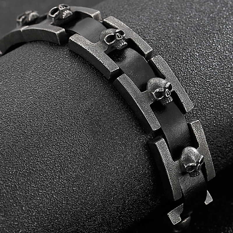 Мужские кожаные браслеты в форме черепа с пряжкой для ремня, браслеты для рук из нержавеющей стали, мужские браслеты большого размера 24/23 см Изображение 5