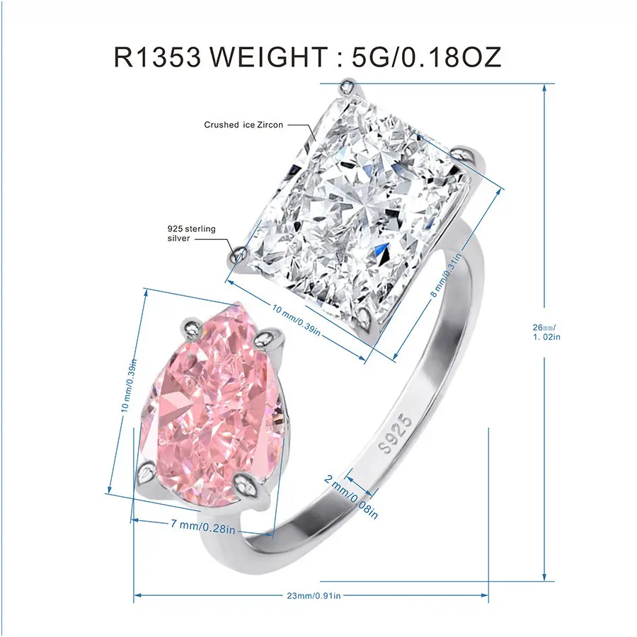 Открытое кольцо из циркона стерлингового серебра 925 пробы с дробленым льдом двойного дизайна в виде груши и прямоугольника Изображение 5