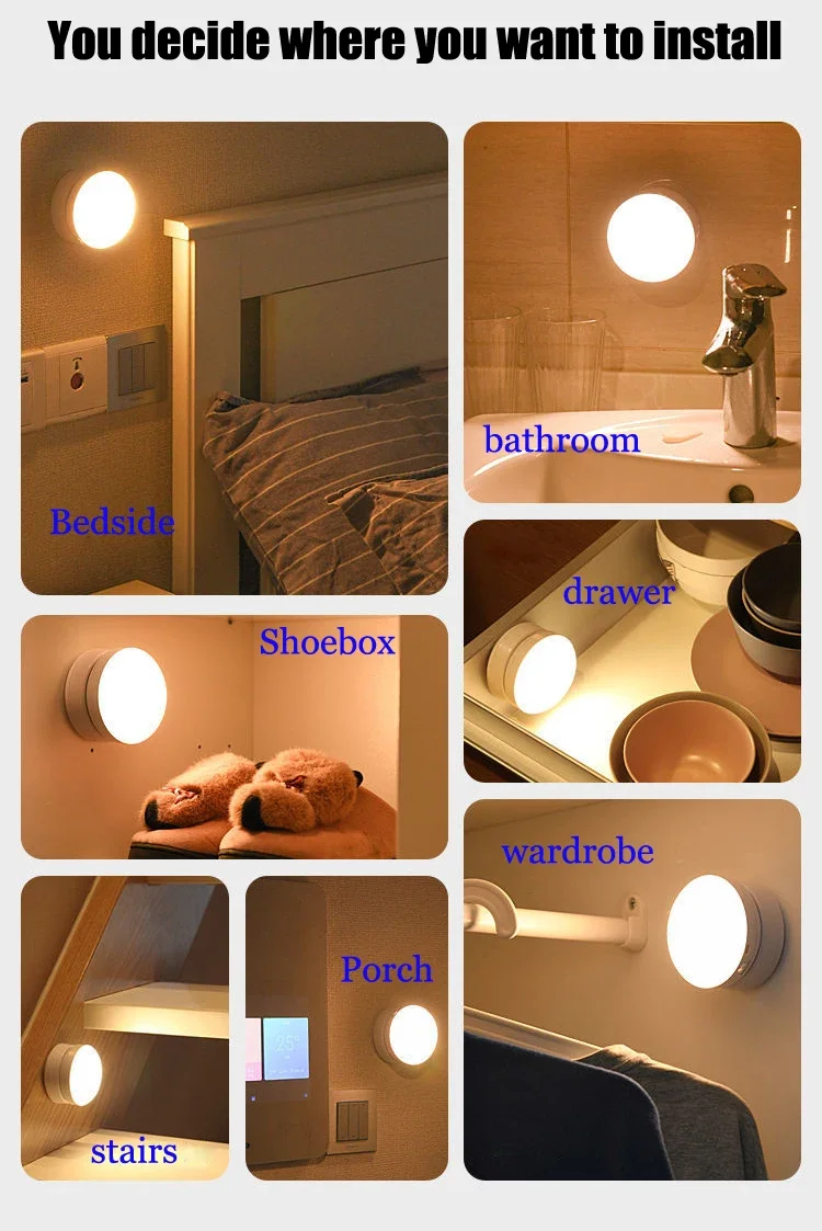 Светодиодный ночник с USB-зарядкой, датчик движения, круглые энергосберегающие светодиодные лампы, управление звуком / освещением в спальне, коридор, домашняя ванная комната Изображение 5