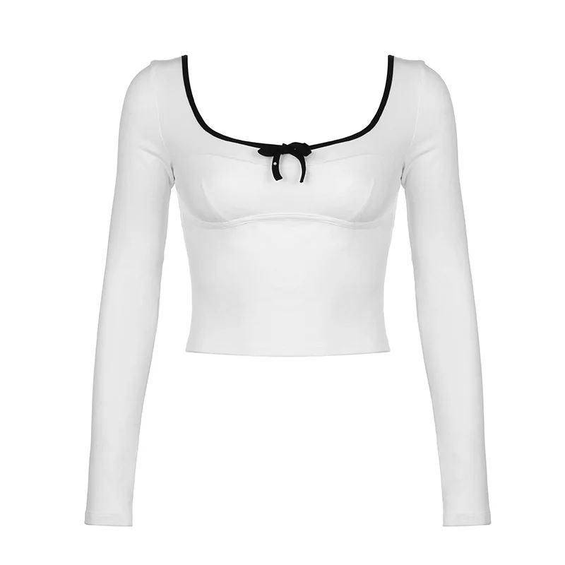 Французская приталенная футболка Sweet Spicy Girl с выдалбливающимся бантом в стиле пэчворк контрастного цвета, вязаная тонкая женская футболка Изображение 5