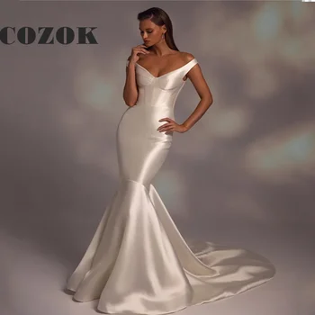 Атласное Сексуальное современное простое свадебное платье с V-образным вырезом и открытыми плечами, свадебные платья без рукавов Vestidos De Novia Custom ZX02