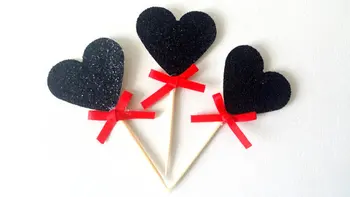 блестящие сердечки с красной лентой, Топперы для кексов на день Святого Валентина, принадлежности для девичников, свадебные зубочистки