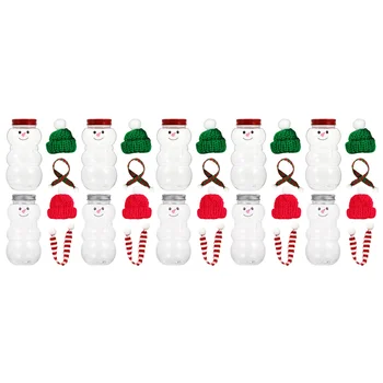 Бутылки из-под напитков в виде рождественского снеговика, Пустые бутылки из-под сока со шляпами и шарфами, Банки из-под напитков в виде снеговика