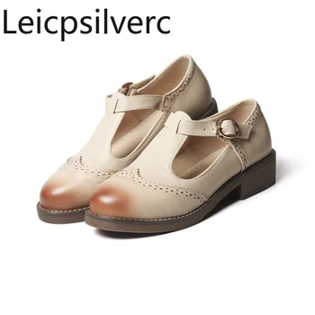 весенне-осенние модные тонкие туфли на толстом каблуке С круглым носком и Т-образной пряжкой смешанных цветов, повседневная женская обувь Lefu высотой 4 см, размер 33-43